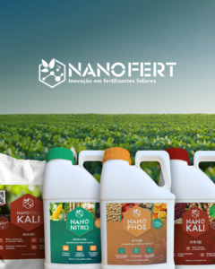 Embalagens Nanofert, com design inovador e atraente, destacando a identidade visual da marca e a sustentabilidade dos produtos.