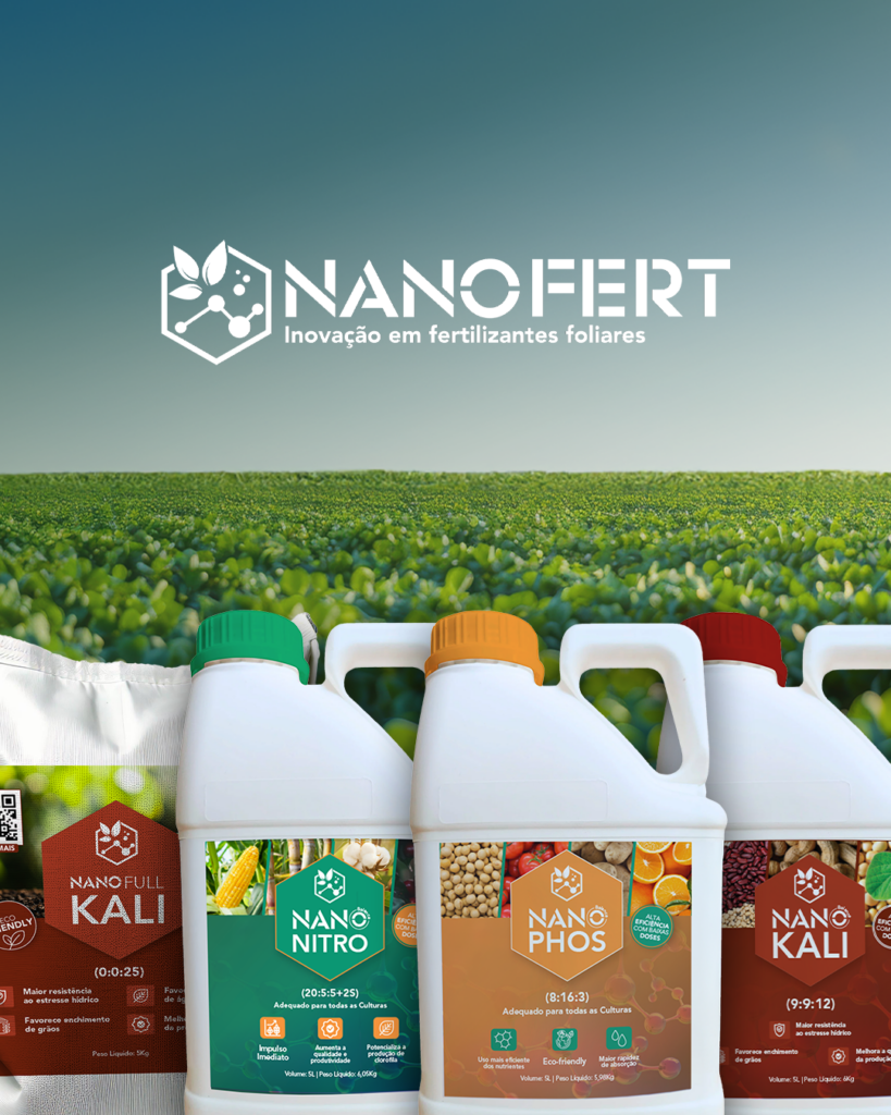 Embalagens Nanofert, com design inovador e atraente, destacando a identidade visual da marca e a sustentabilidade dos produtos.