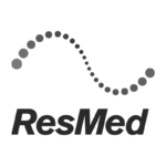 Logo Resmed, destacando a marca como referência em soluções de saúde respiratória, com design moderno e profissional.